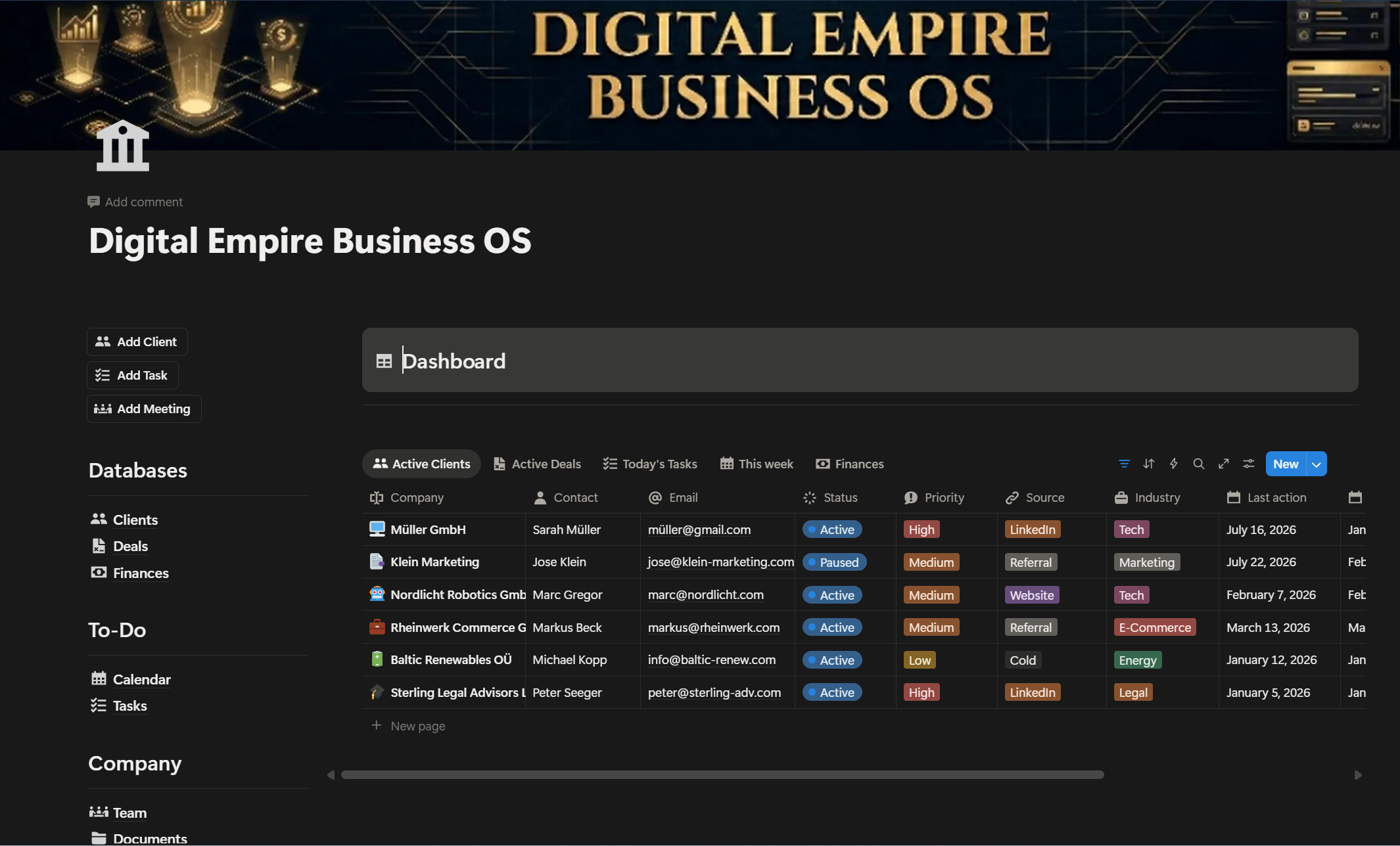 Digital Empire Business OS — Main dashboard